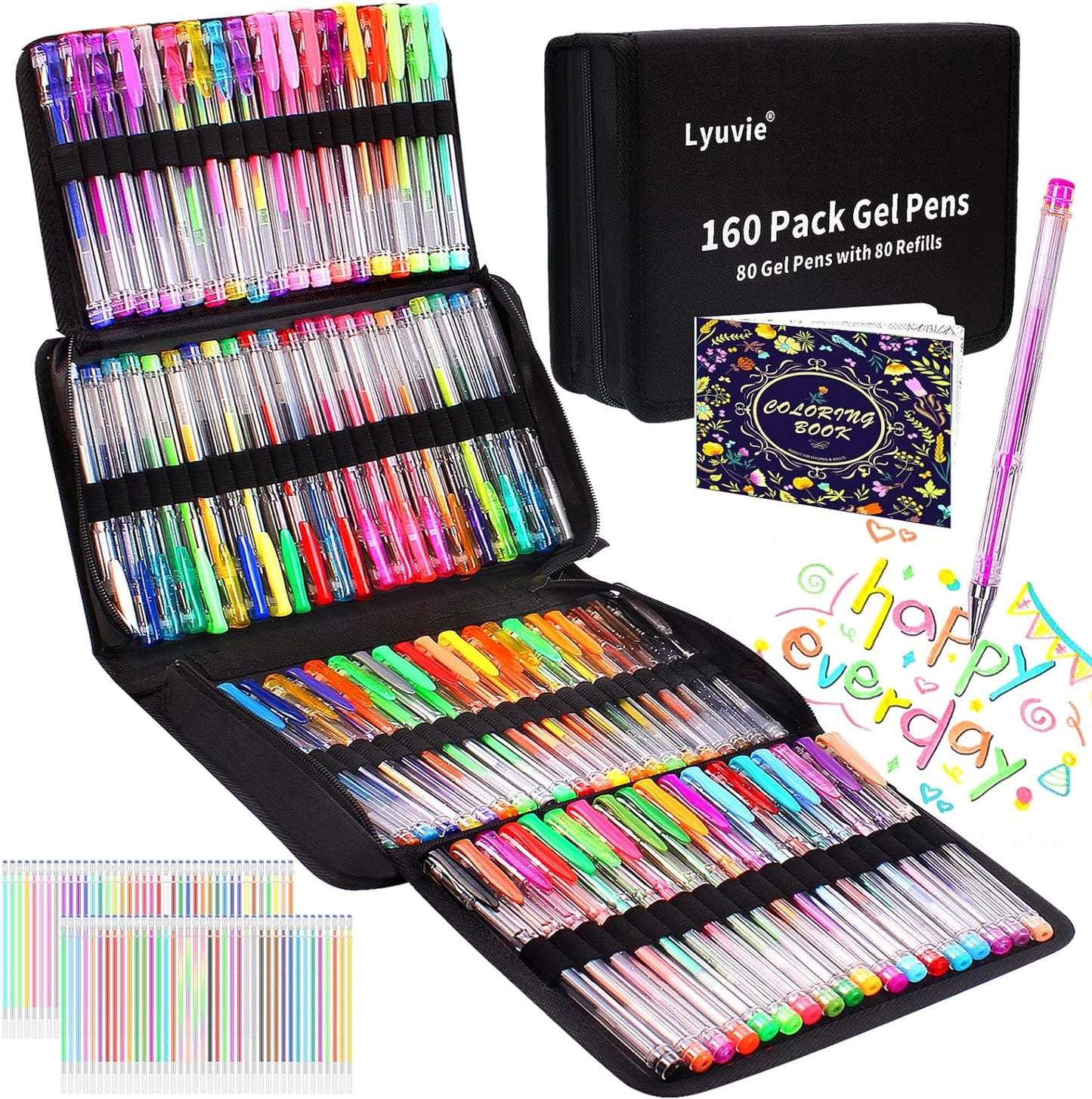 Lyuvie 160 Pack Glitter Gel Pens Set,80 Coloured Gel Pens with 80 Glitter & 1