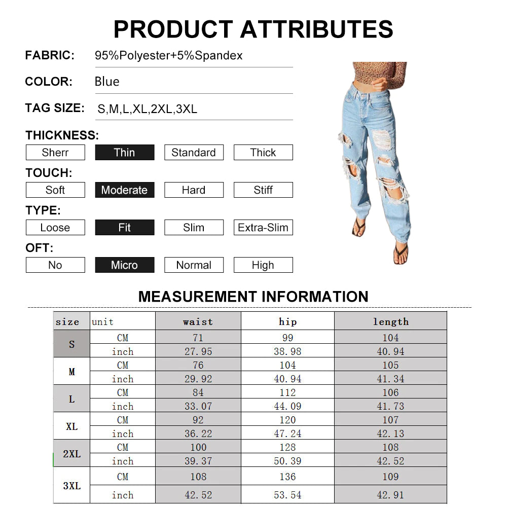 Women Ripped Straight Leg Jeans High Waist Loose Denim Pants Lady Causal Boyfriend Style Pants Vintage Streetwear Hole Trousers