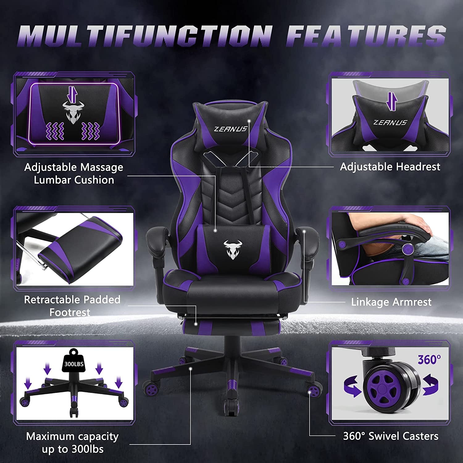 Purple Gaming Reclining Computer Chair with Footrest High Back Gamer Chair with Massage