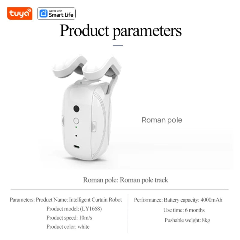 1PCS Tuya Smart Curtain Robot, Roman Rod Track, APP Control,Single/Double (Works with Tuya Gateway for Remote Control）