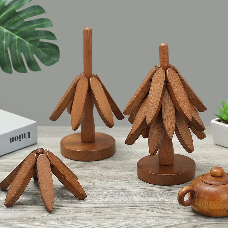 4PCS Tree Design Stand Wooden Trivets Decorative Anti Scald Heat Resistant Table Mat Coaster Wood Placemats Pot