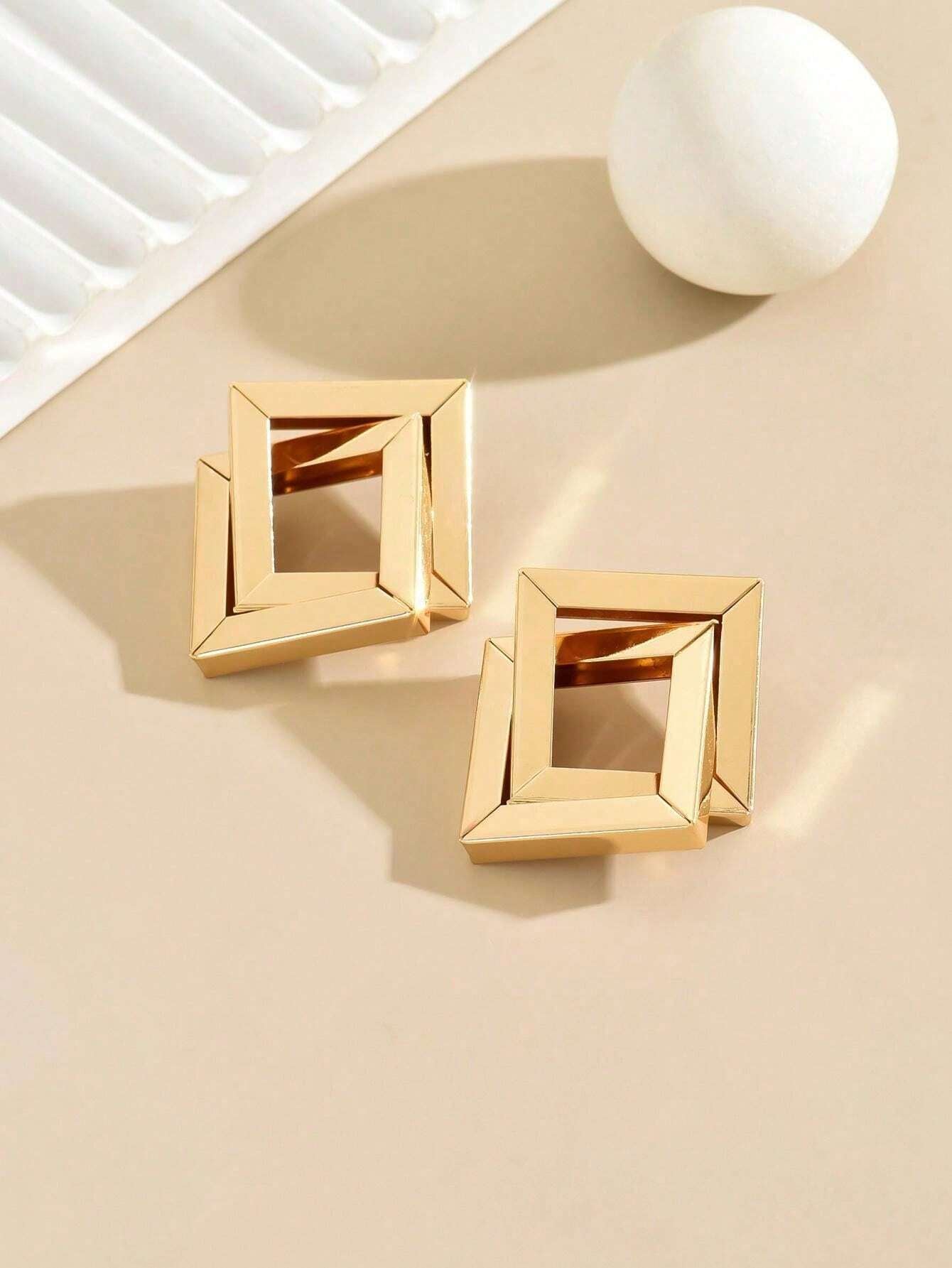 1Pair Gold-Color Multi-Layered Square & Irregular Shape Statement Earrings with Rhombus Circle Design - Ideal for Daily Wear, Commuting, Work, Hangouts, Travel, Festival, Bar, Shopping, Gifting to Family and Friends