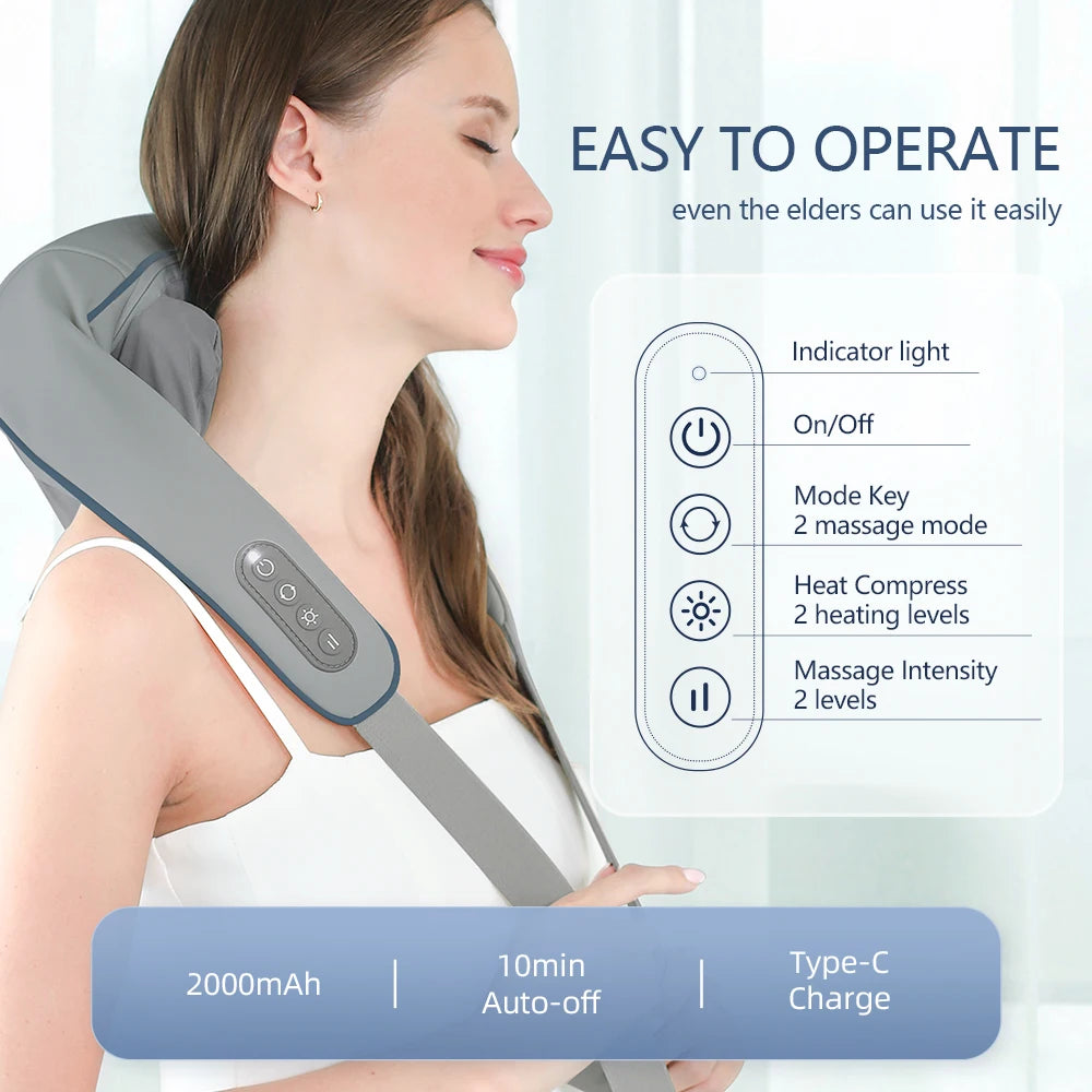 Foreverlily Wireless Neck and Back Massager Neck and Shoulder Kneading Massage Shawl Neck Cervical Relaxing Trapezius Massager