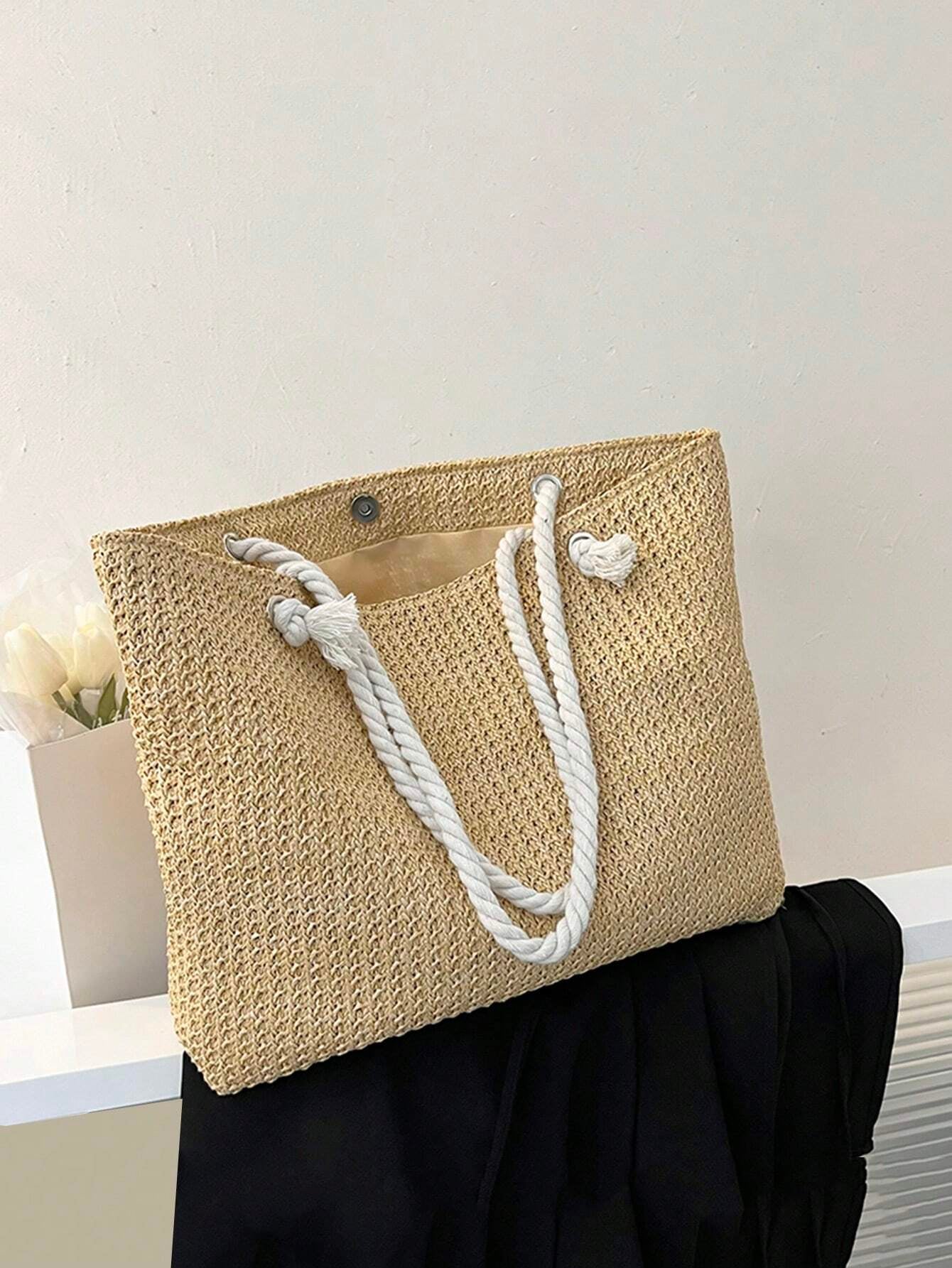 Summer Vibes Straw Tote Bag: Stylish, Lightweight, and Spacious for Travel, Beach, and Everyday Use