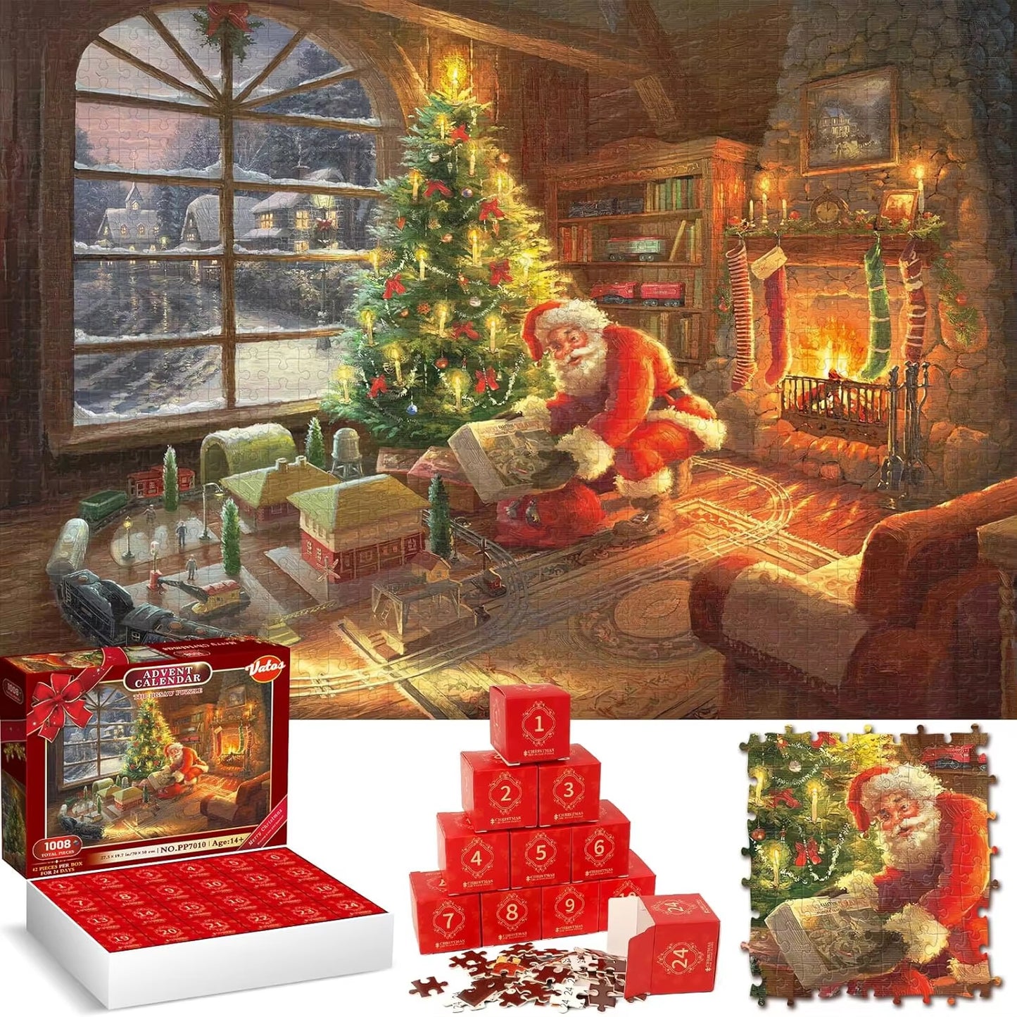 VATOS Advent Calendar Puzzle 2024 Christmas Jigsaw Puzzle Kids 24-Day Santa Countdown Calendar Stocking Stuffers Game Toy Gift