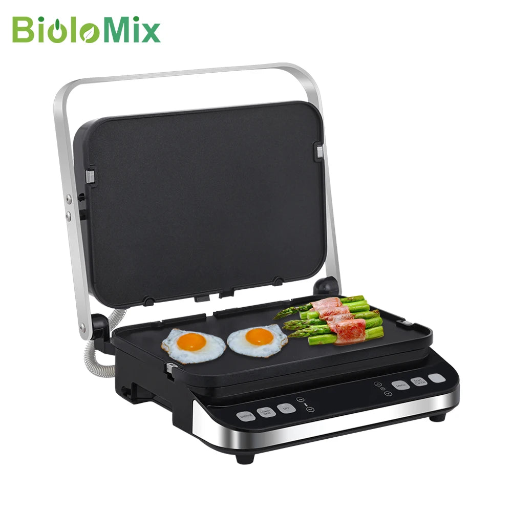 Biolomix 2000W Electric Contact Grill Digital Griddle and Panini Press, Optional Waffle Maker Plates, Opens 180 Degree Barbecue