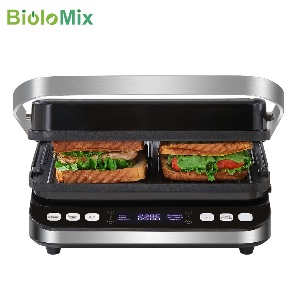 Biolomix 2000W Electric Contact Grill Digital Griddle and Panini Press, Optional Waffle Maker Plates, Opens 180 Degree Barbecue