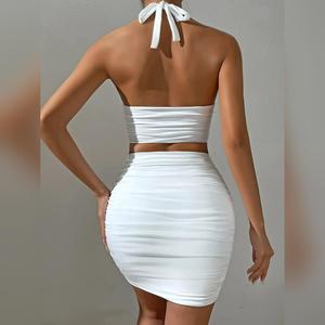 Women White Halter Neck Sleeveless Backless Two Piece Set Strapless Pleated Slim Bodycon Evening Dresses