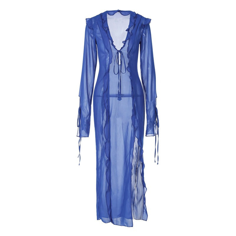 Women's reverse side tie-dye V-neck slit dress