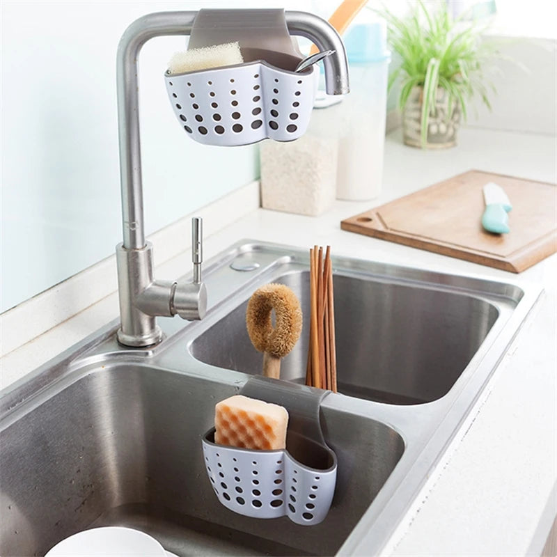 MeyJig 2 Sided Kitchen Sponge Drain Rack Sink Scouring Pad Hanging Storage Basket Cleaning Brush Holder Soap Organizer Shelf