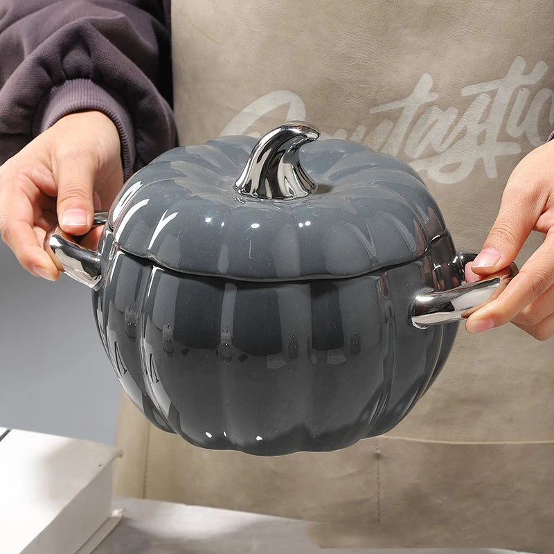 Pumpkin Ceramic Dessert Bowl Pot with Lid Fruit Dish Kitchen Halloween Decorations Tableware Bowl