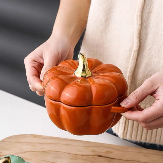 Pumpkin Shape Ceramic Bowl with Lid Halloween Party Decoration Tableware