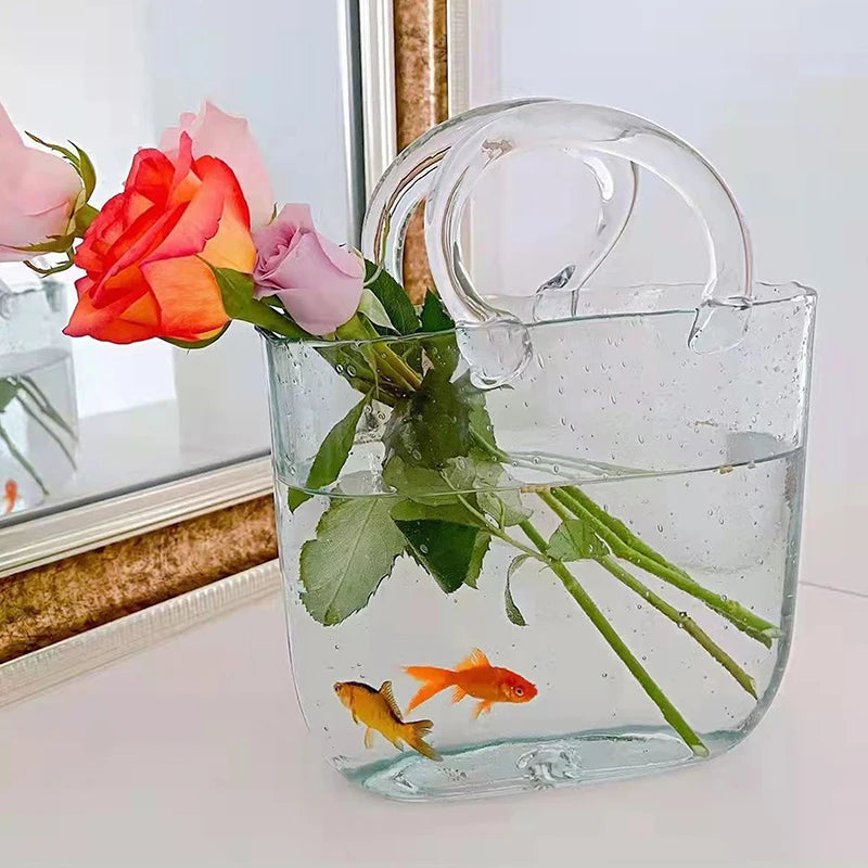 Handbag Shape Flower Vase Fish Tank Transparent Glass Hydroponic Plants Container for Home Office Decor Small Goldfish Container