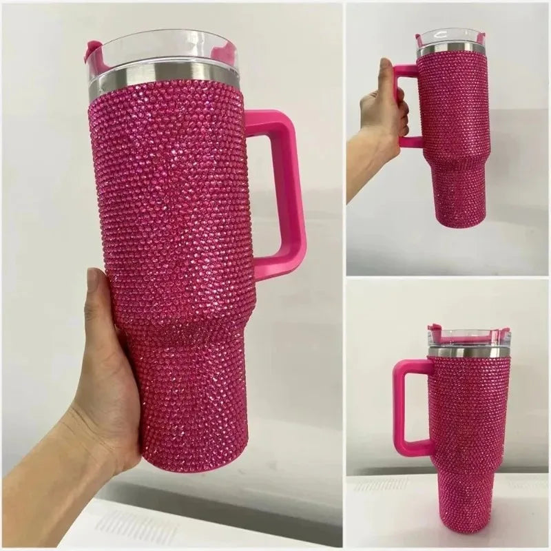 40oz Rhinestone Tumbler Women Shiny Diamond Stainless Steel Straw Cup Travel Car Thermoses Coffee Mug Water Bottle Drinkware