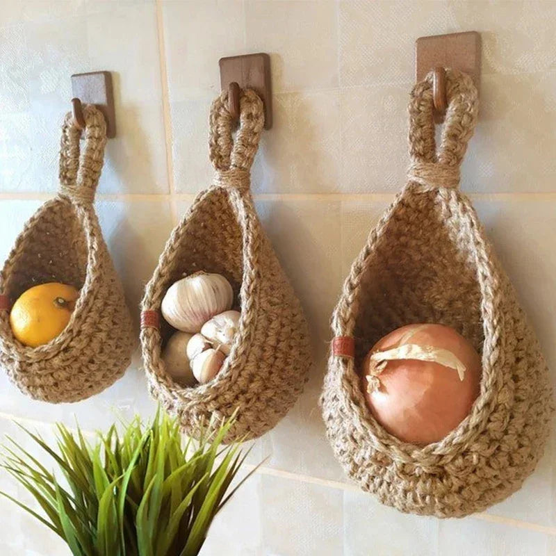 Hanging Wall Basket Hand Woven Storage Basket Kitchen Hanging Net Pocket Waterdrop Shape Fruits Vegetable Plant Storage Net Bag