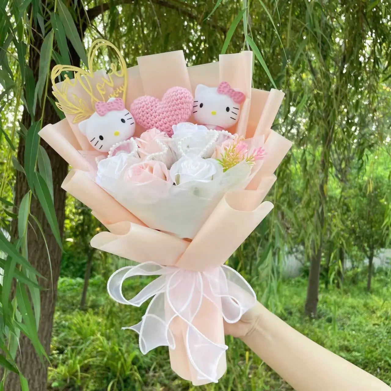 Kawaii Hello Kitty Cat Dolls With Artificial Flowers Creative Sanrio Bouquet Christmas Valentine Birthday Graduation Gifts