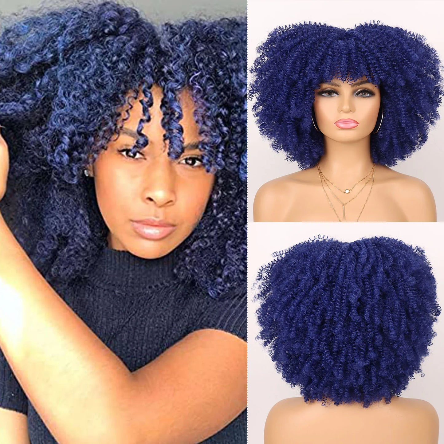 Synthetic Short Afro Kinky Curly Wig With Bangs For Black Women High Temperature Daily Party Headgear with Clips Cosplay