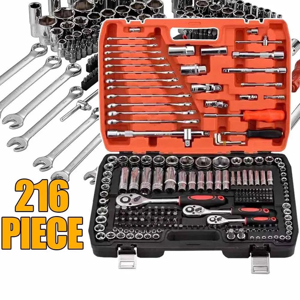 216 Pieces Ratchet Spanner Socket Set Metric 1/2" 1/4" 3/8" Bits Wrench Mechanic Kit For Car Repairing Tools with Carry Case