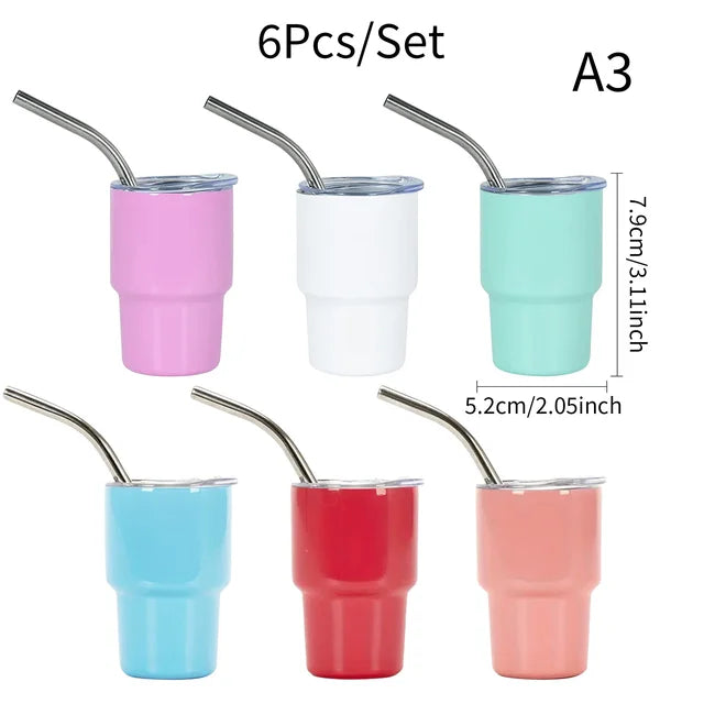 6Pcs/Set Mini Tumbler Shot Glass 3Oz Tumbler Shot Glasses with Lid and Straw Double Wall Vacuum Sealed Stainless Steel Tumbler