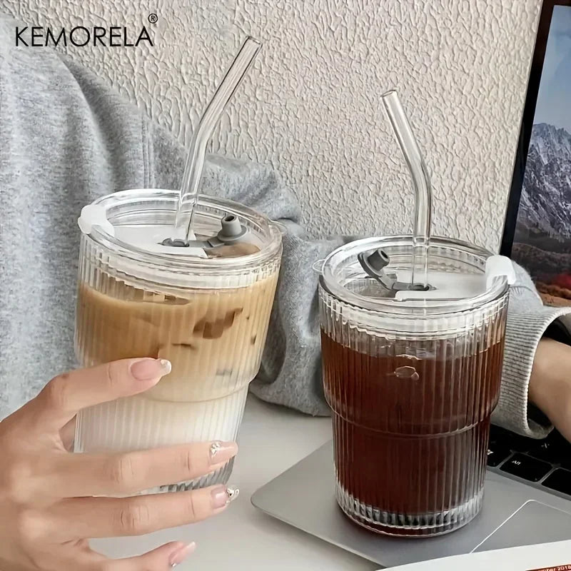 1PCS 400ml Stripe Glass Cup Transparent Glasses With Lid and Straw Ice Coffee Mug Tea Cup Juice Glass Milk Water Cup Drinkware