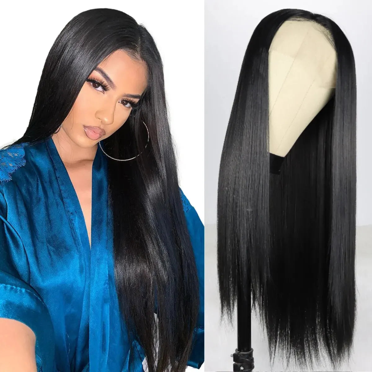 Long Straight Black Lace Front Wig Natural Black Pre Plucked Synthetic HD Lace Front Wig For Women Glueless Heat Resistant Fiber