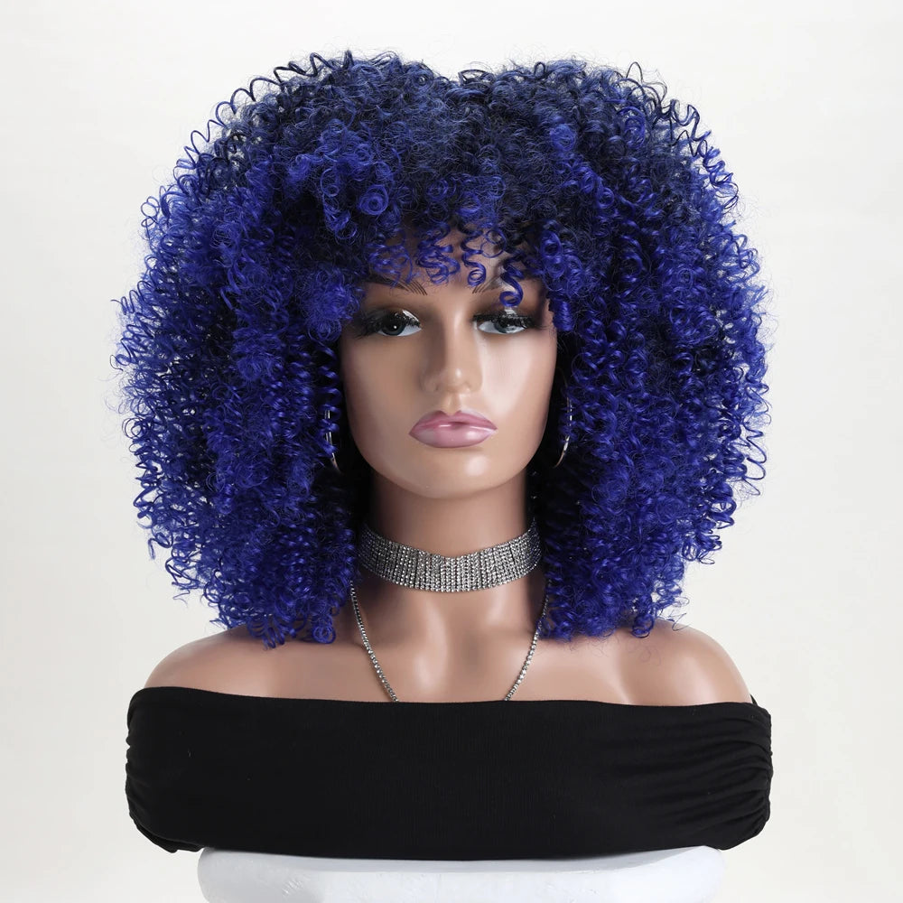 16 Inch Afro Kinky Curly Hair Wigs With Bangs Soft Fluffy Synthetic Fiber None Lace Wigs For Party Cosplay Daily Use