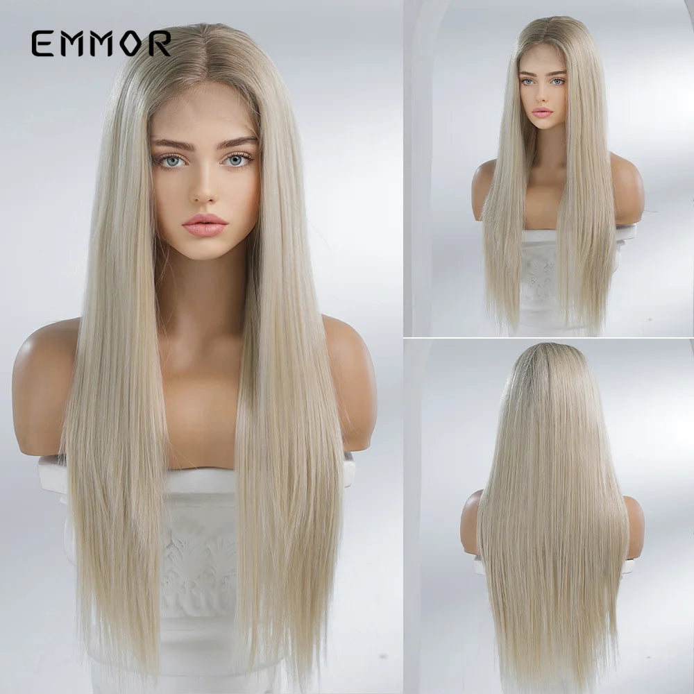 Short Blonde Lace Frontal Synthetic Wig Simulation of Human Hair Ombre Blonde Straight Bob Hair Wig For Women Heat Resistant