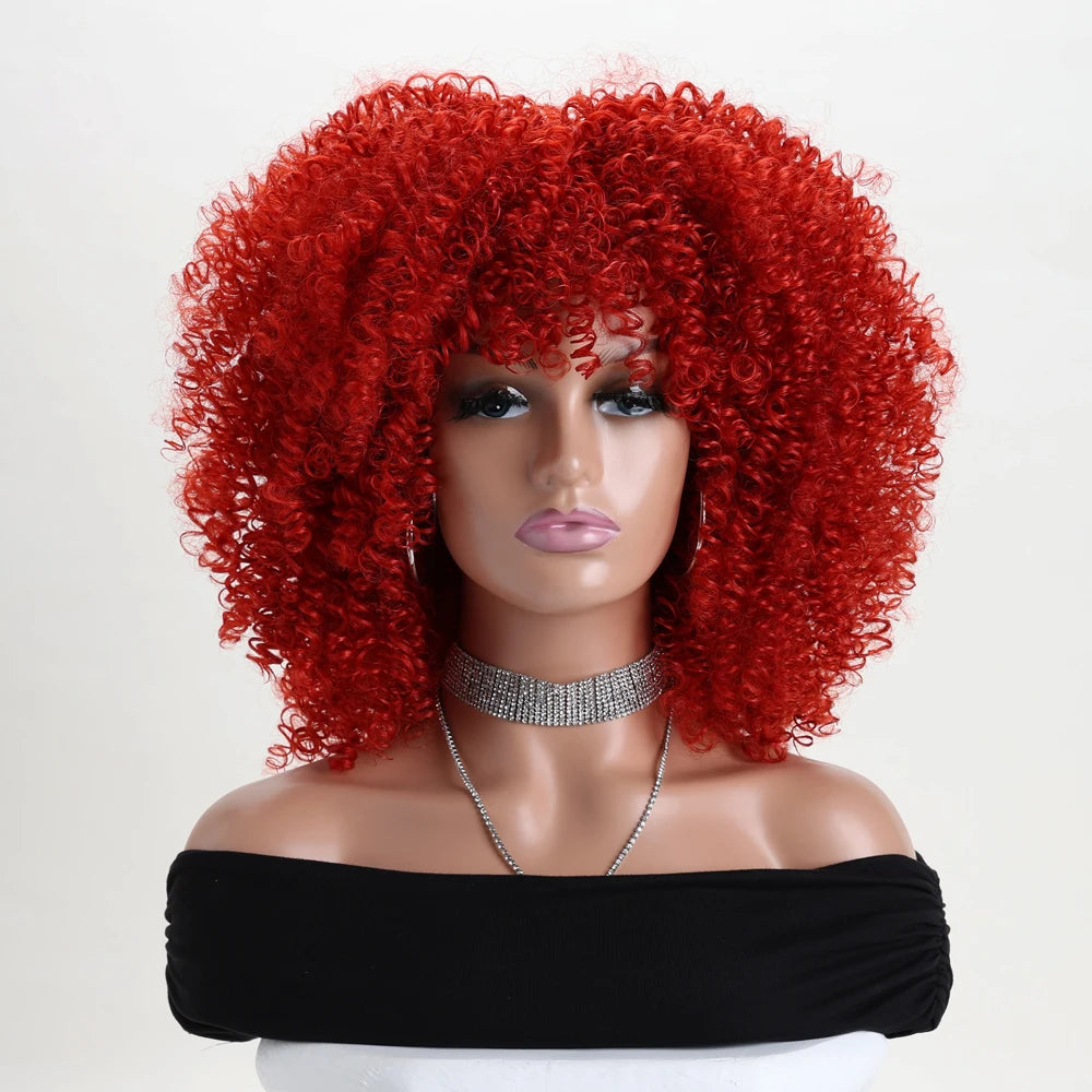 16 Inch Afro Kinky Curly Hair Wigs With Bangs Soft Fluffy Synthetic Fiber None Lace Wigs For Party Cosplay Daily Use