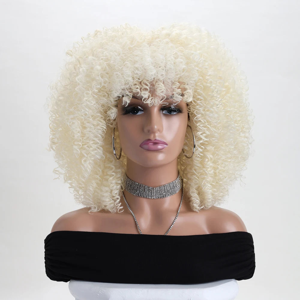 16 Inch Afro Kinky Curly Hair Wigs With Bangs Soft Fluffy Synthetic Fiber None Lace Wigs For Party Cosplay Daily Use