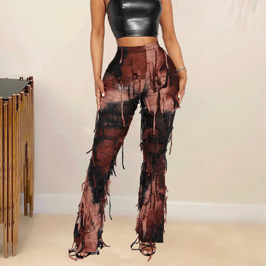 Tie Dye Fringe Pant Cargo Trousers Y2K Streetwear Fashion 2023 Women Summer Clothes Pencil Casual Tassel Sweat Pants Joggers