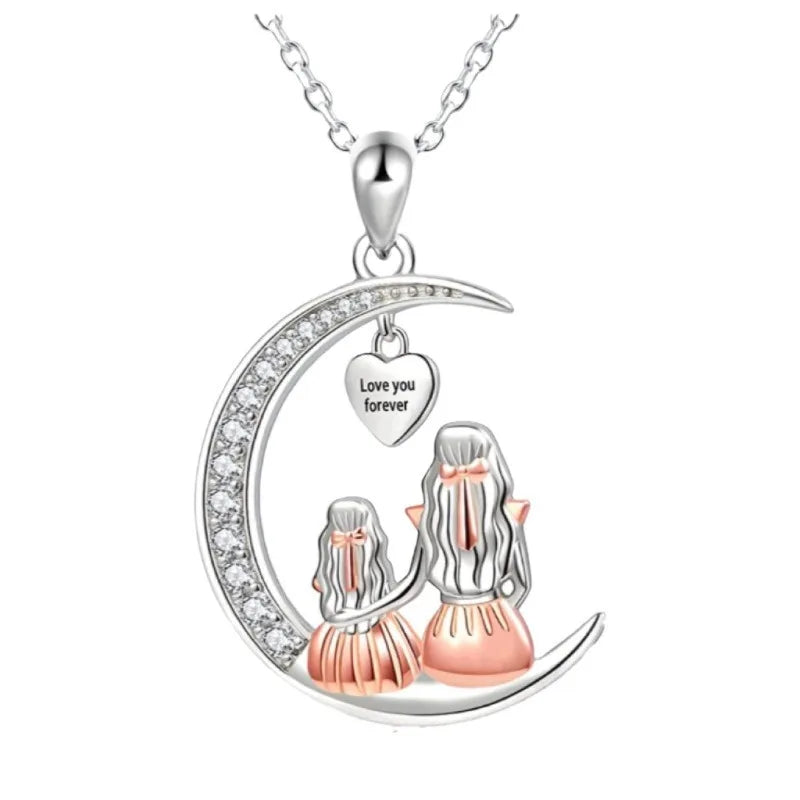 Mom Daughter Moon Pendant Necklace