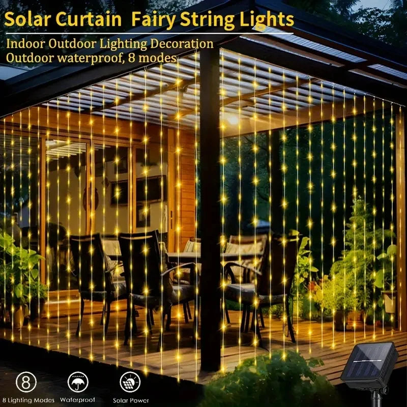 Solar-Powered LED Curtain String Lights Outdoor Waterproof Copper Wire Fairy Light for Wedding Party Garden Yard Christmas Deco