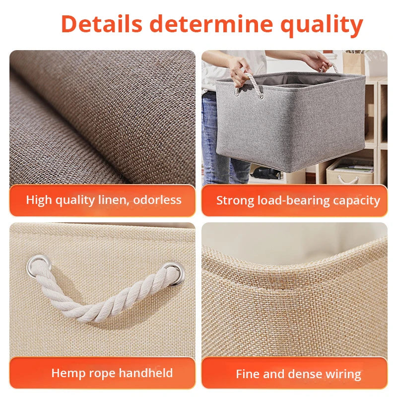 1Pc Beige/Grey Folding Storage Basket Linen Storage Fabric Wardrobe Office Bedroom Closet Toys Laundry Basket With Handle