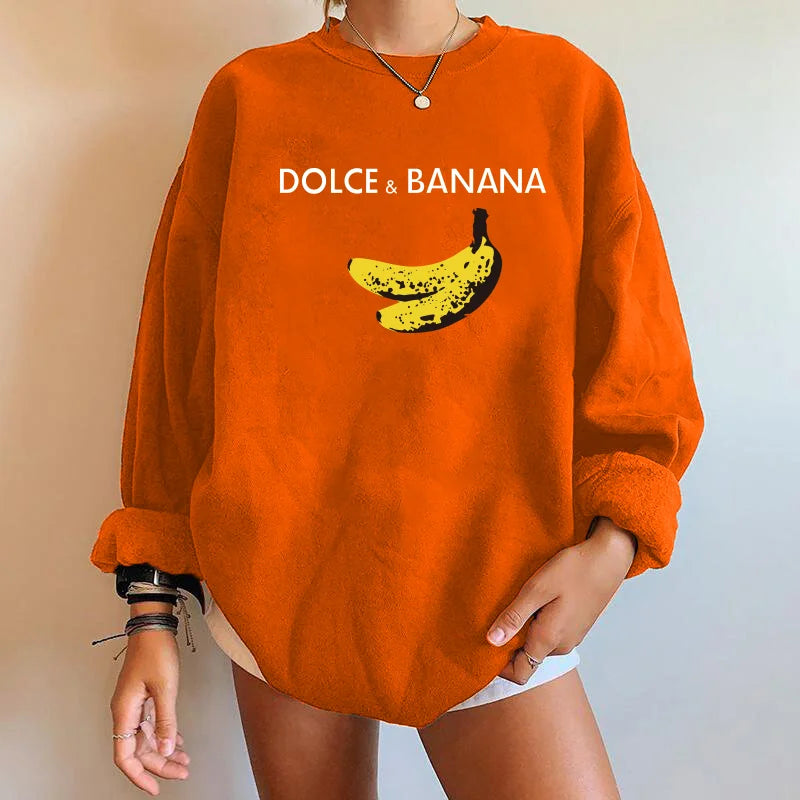 Seeyoushy Banana Print Women Sweatshirts Streetwear Round Neck Long Sleeve Drop Shoulder Loose Winter Woman Sweatshirts Moletom