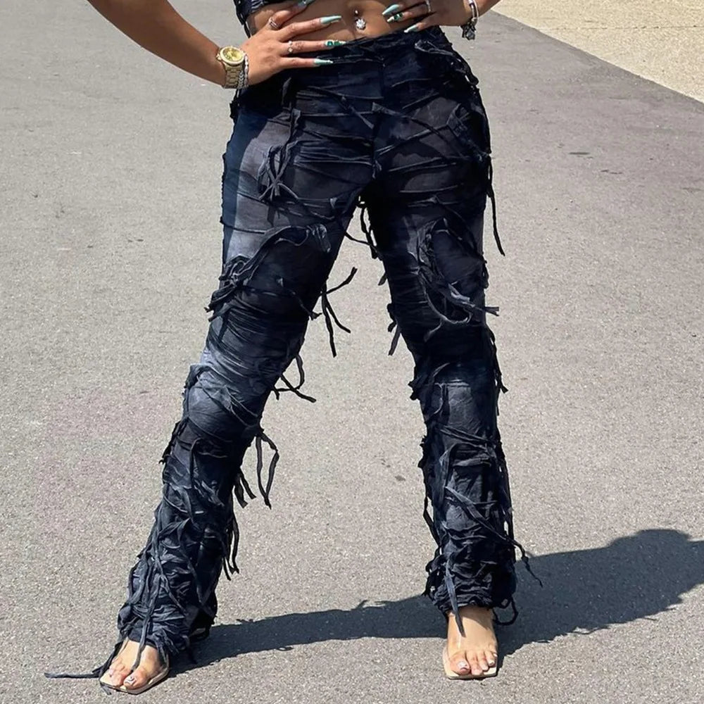 Tie Dye Fringe Pant Cargo Trousers Y2K Streetwear Fashion 2023 Women Summer Clothes Pencil Casual Tassel Sweat Pants Joggers