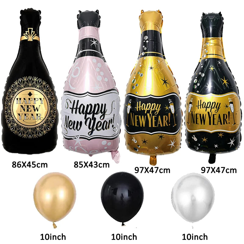 Black Gold Big Wine Bottle Foil Latex Balloons Christmas Decorations For Home Happy New Year 2025 Xmas Eve Party Globos Supplies