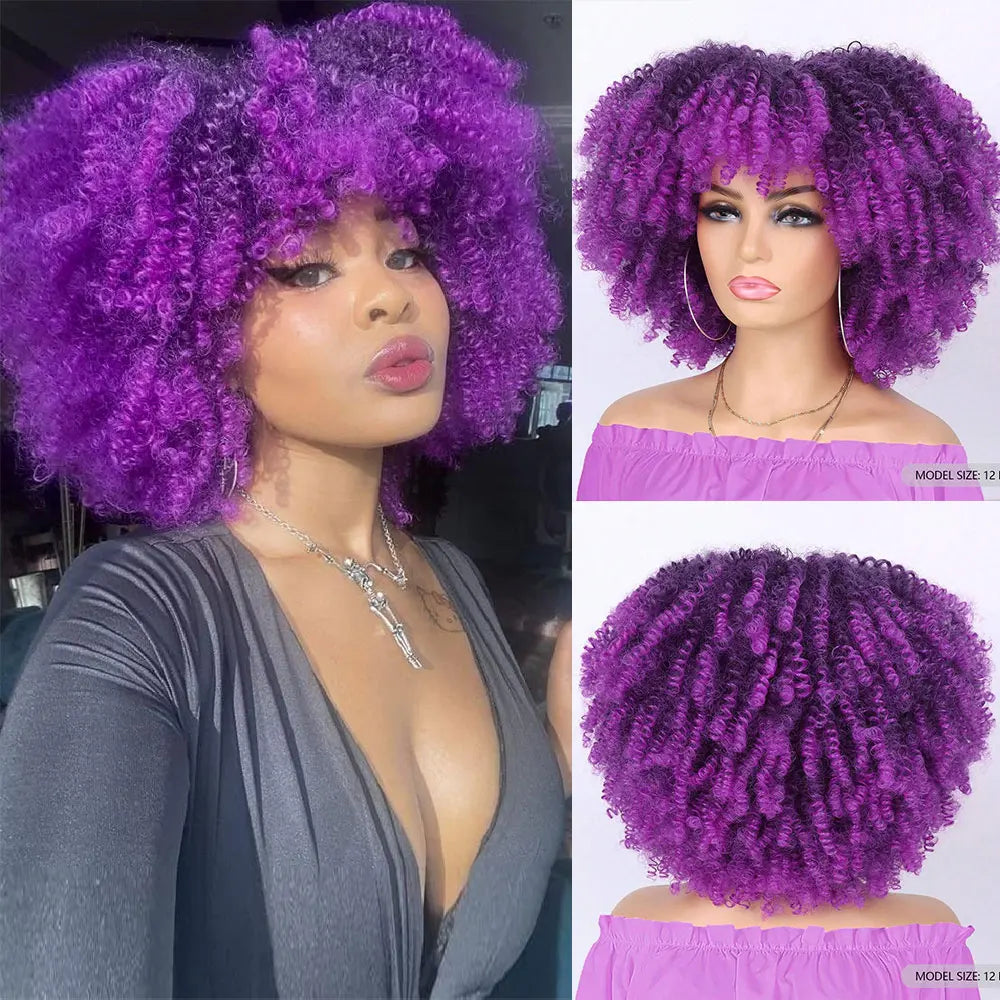 Synthetic Short Afro Kinky Curly Wig With Bangs For Black Women High Temperature Daily Party Headgear with Clips Cosplay