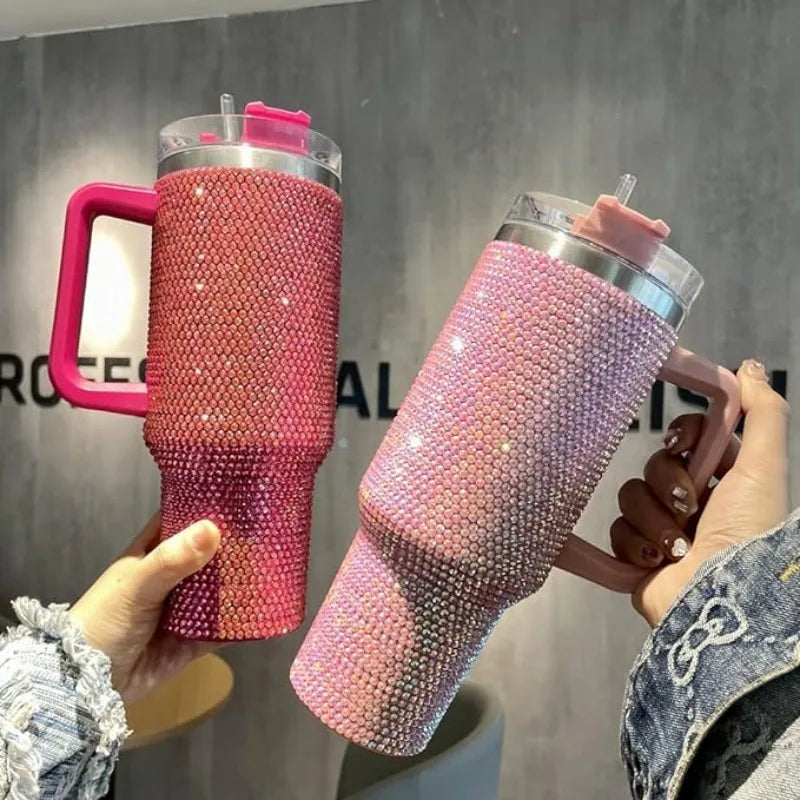 40oz Rhinestone Tumbler Women Shiny Diamond Stainless Steel Straw Cup Travel Car Thermoses Coffee Mug Water Bottle Drinkware