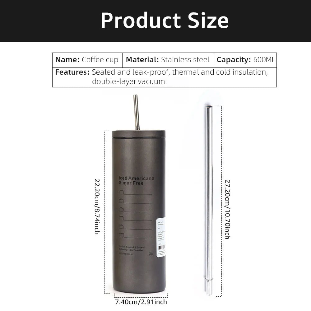 Coffee Cup Thermos 304 Stainless Steel Double -layer Cooler Straw Cup Portable Reusable Ins Ice American Coffee Mug Water Bottle