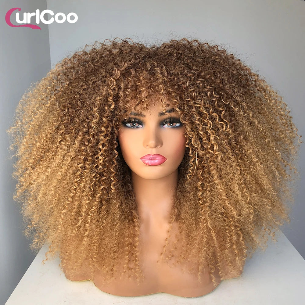 Curly Wig With Bangs Afro Curly Wigs for Black Women Synthetic Fiber Fluffy Long Curly Wig for Daily Party Cosplay