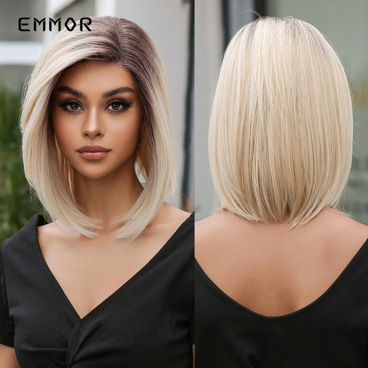 Short Blonde Lace Frontal Synthetic Wig Simulation of Human Hair Ombre Blonde Straight Bob Hair Wig For Women Heat Resistant