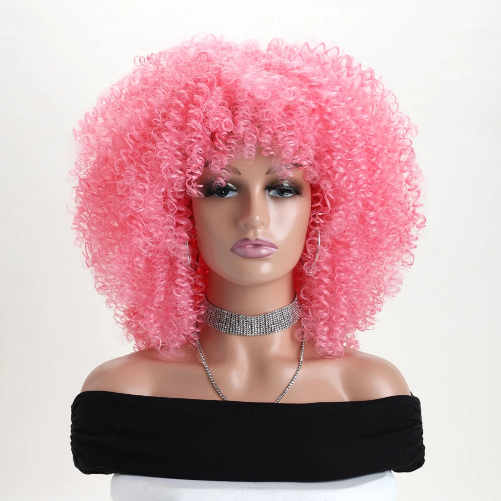 16 Inch Afro Kinky Curly Hair Wigs With Bangs Soft Fluffy Synthetic Fiber None Lace Wigs For Party Cosplay Daily Use