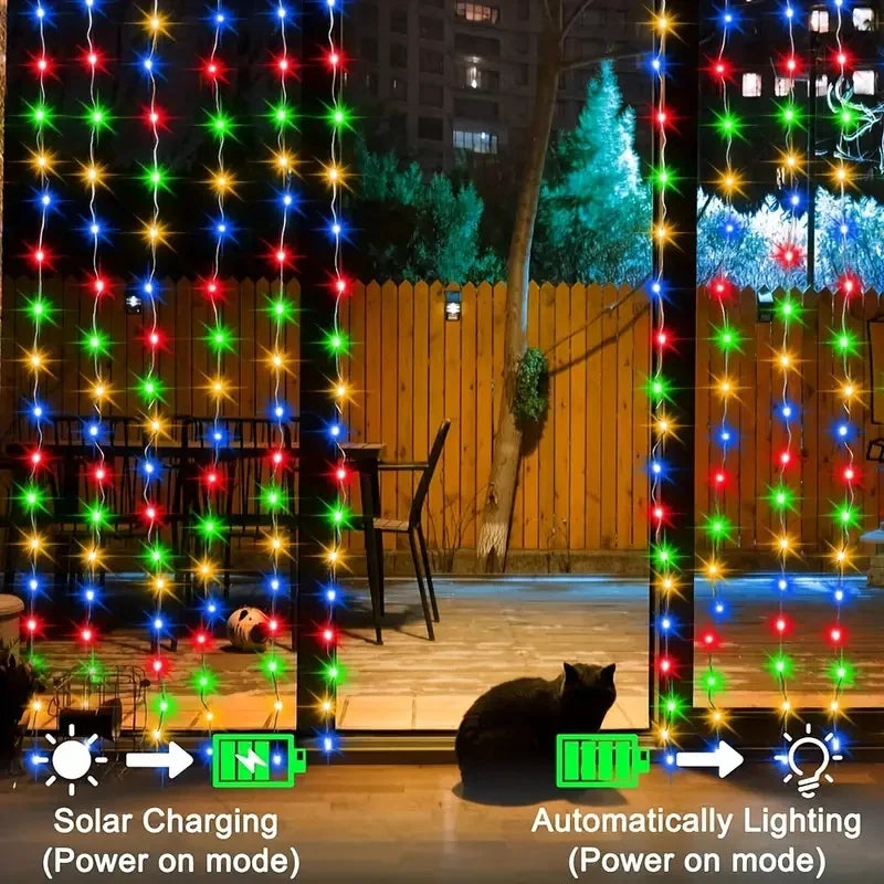 Solar-Powered LED Curtain String Lights Outdoor Waterproof Copper Wire Fairy Light for Wedding Party Garden Yard Christmas Deco