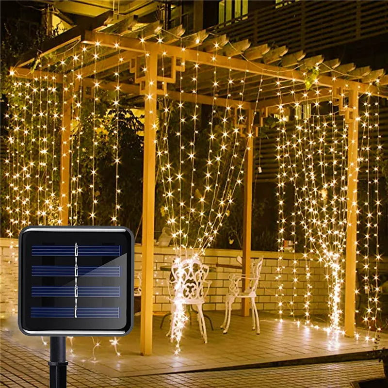 Solar-Powered LED Curtain String Lights Outdoor Waterproof Copper Wire Fairy Light for Wedding Party Garden Yard Christmas Deco