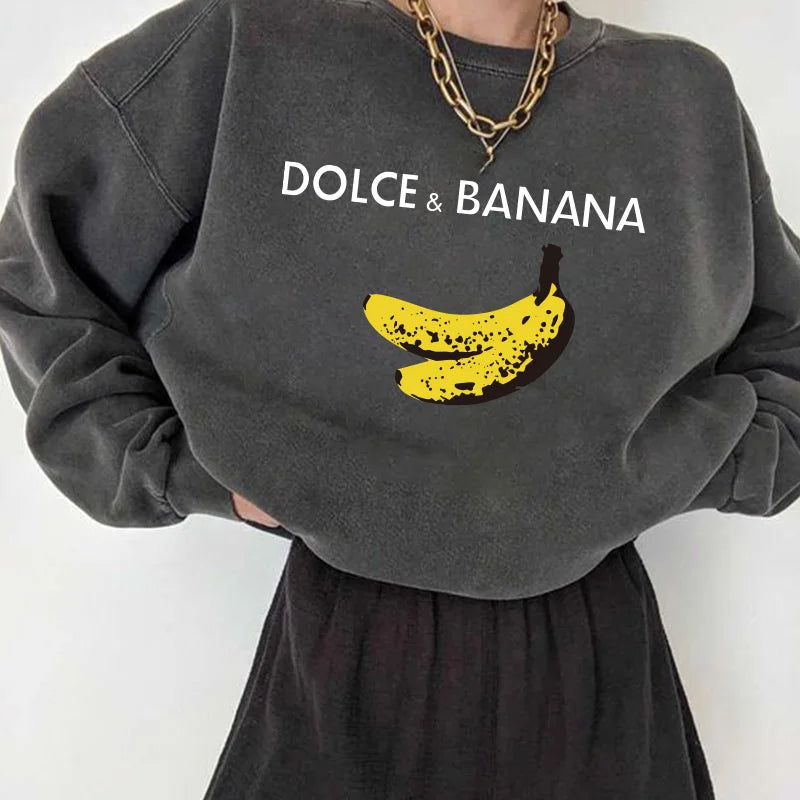 Seeyoushy Banana Print Women Sweatshirts Streetwear Round Neck Long Sleeve Drop Shoulder Loose Winter Woman Sweatshirts Moletom