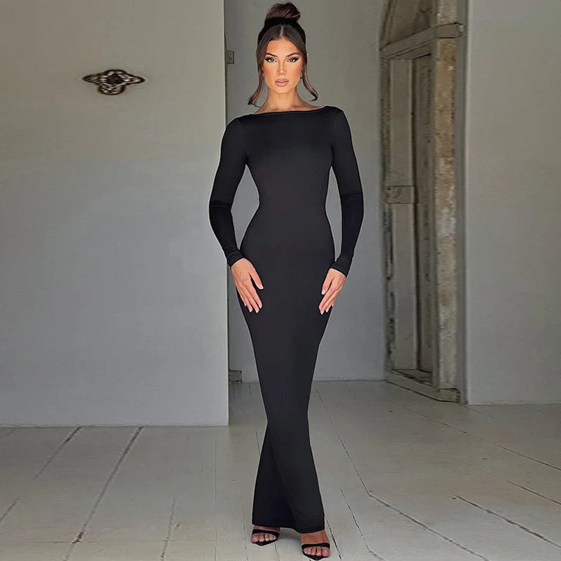 Cryptographic Elegant Open Back Ruched Bodycon Maxi Dress Birthday Outfits for Women Long Sleeve Dresses Gown Club Party