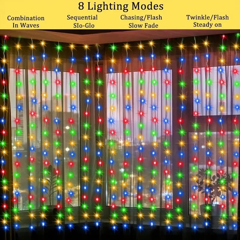 Solar-Powered LED Curtain String Lights Outdoor Waterproof Copper Wire Fairy Light for Wedding Party Garden Yard Christmas Deco