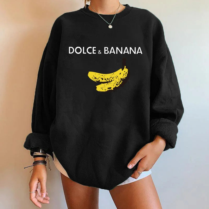 Seeyoushy Banana Print Women Sweatshirts Streetwear Round Neck Long Sleeve Drop Shoulder Loose Winter Woman Sweatshirts Moletom