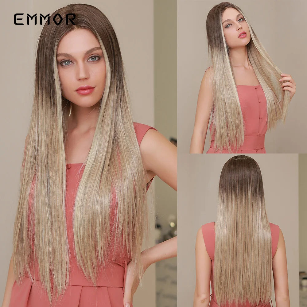 Short Blonde Lace Frontal Synthetic Wig Simulation of Human Hair Ombre Blonde Straight Bob Hair Wig For Women Heat Resistant