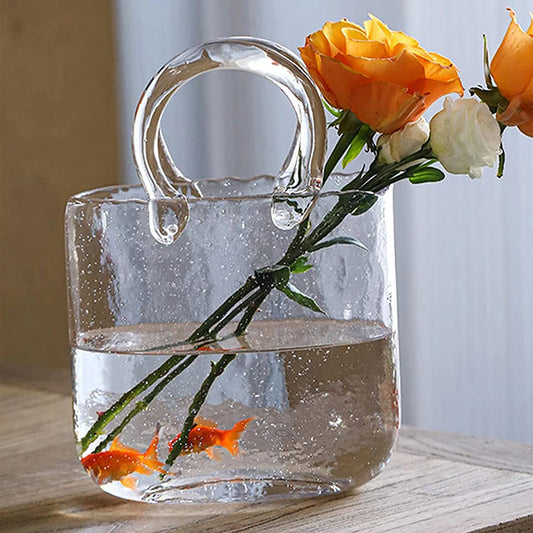 Handbag Shape Flower Vase Fish Tank Transparent Glass Hydroponic Plants Container for Home Office Decor Small Goldfish Container